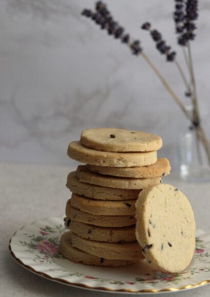 Crisp and light lavender and lemon shortbread biscuits