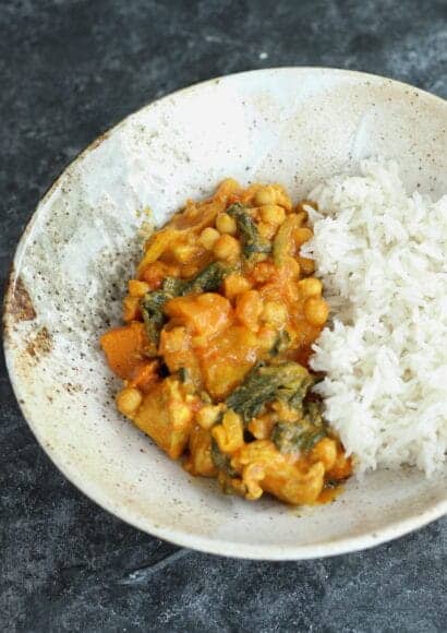 budget-friendly, protein rich bowl of chicken, chickpea and sweet potato curry