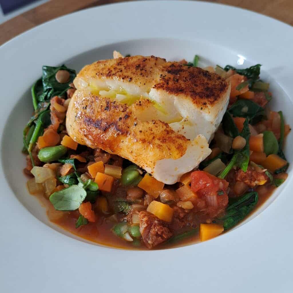 cod chorizo and lentil summer stew