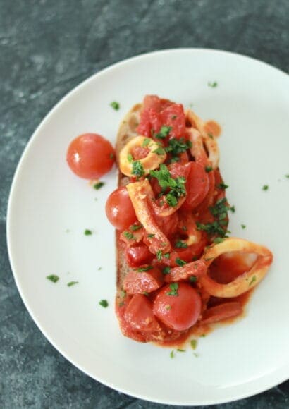 squid, chorizo and tomato on toast