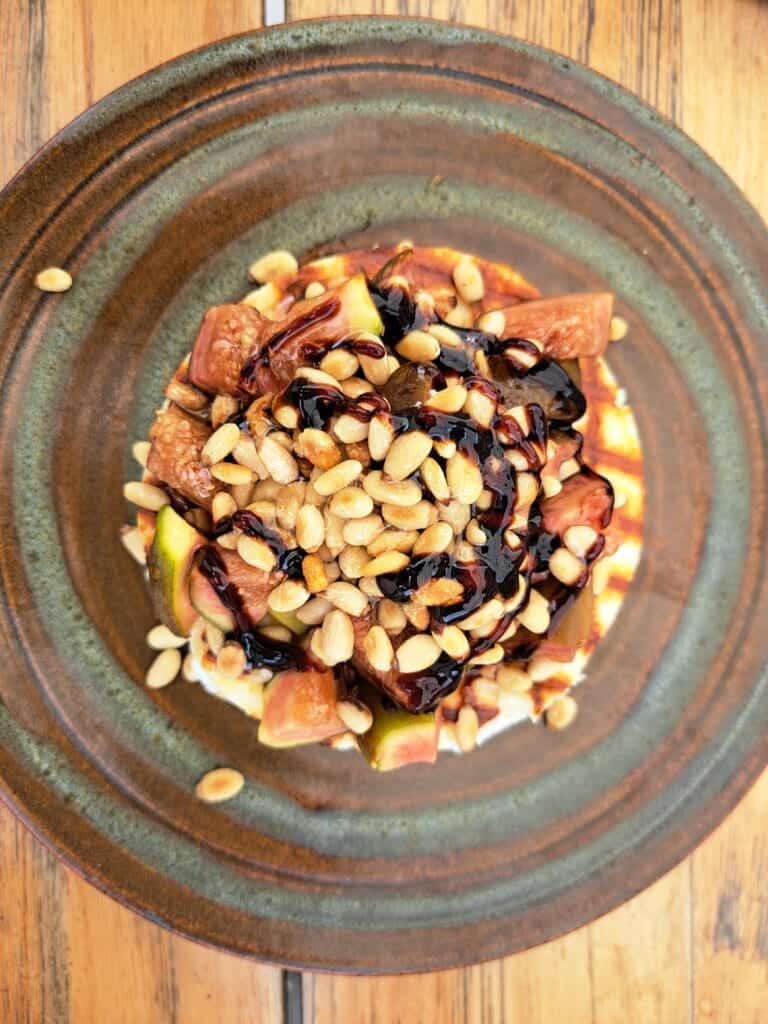 figs with manouri cheese, pine nuts and honey