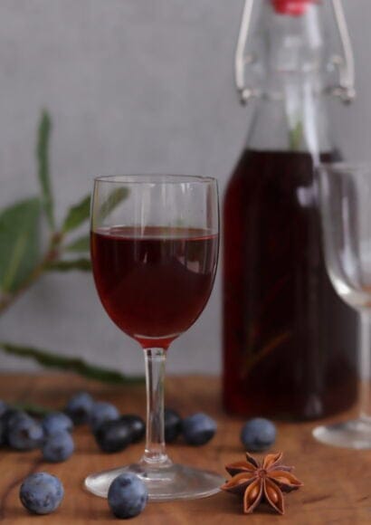 Glass of sloe gin in front of the bottle surrounded by sloes, star anise and bay leaves