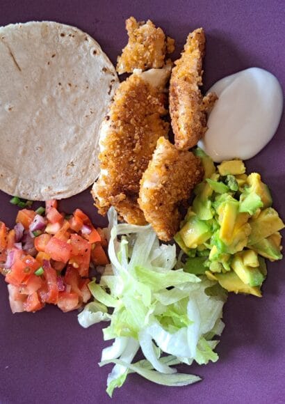 Plate with pieces of crispy fried tortilla fish, some lettuce, tomato salsa, chopped avocado, sour cream and tortillas